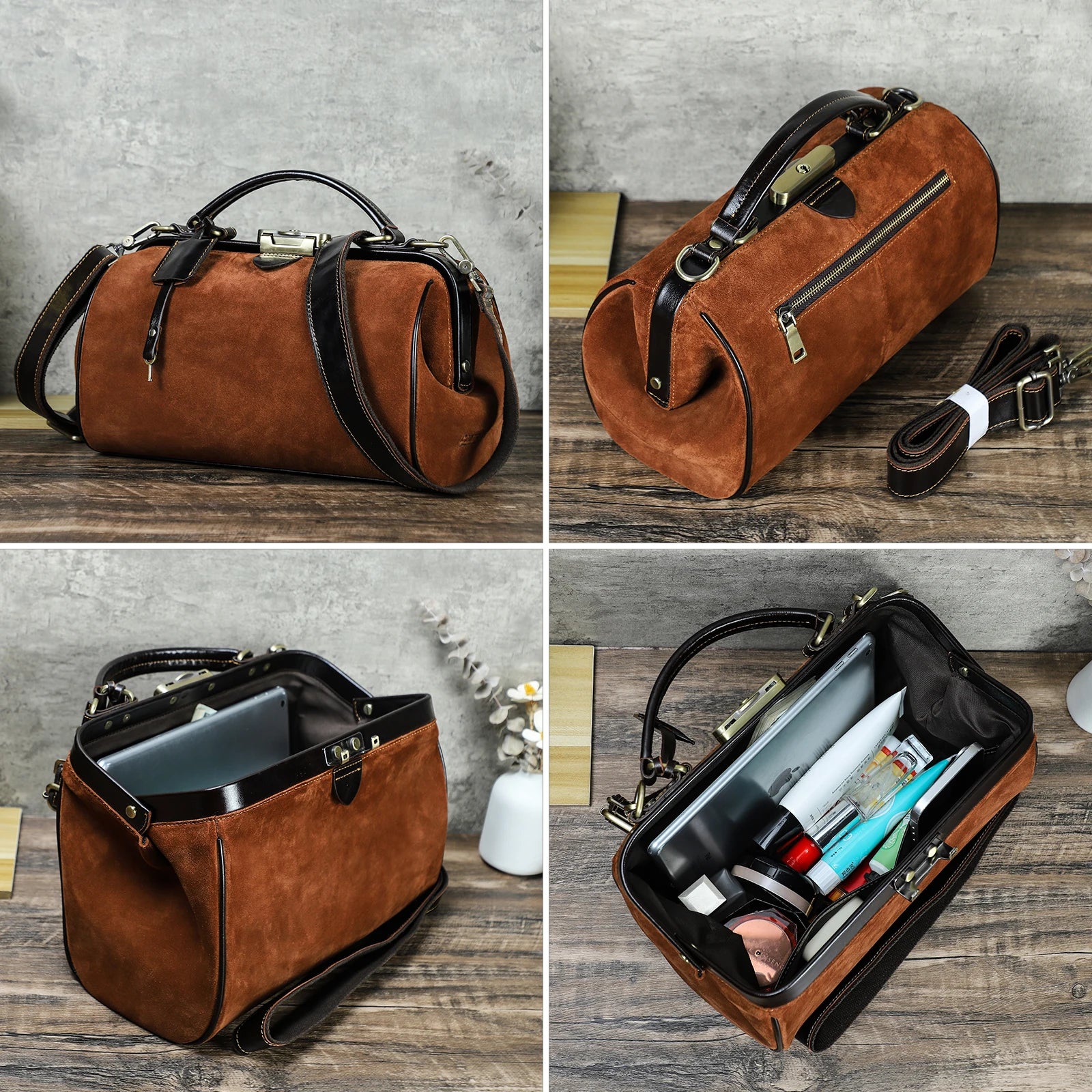 CONTACT'S Genuine Suede Leather Shoulder Bag for Women Real Suede Tote Bag Handbag Crossbody Bag Office Ladies Doctor Bag Female