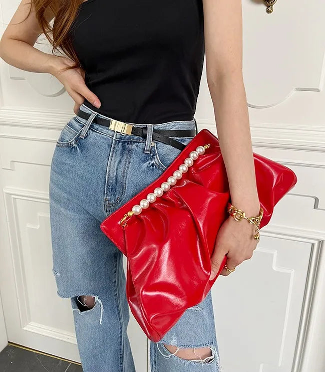 Fashion Folds Women Clutches Pearl Chain Design Lady Handbag Python Banquet Envelope Evening Bag Ladies Clutch Purses Bolsas