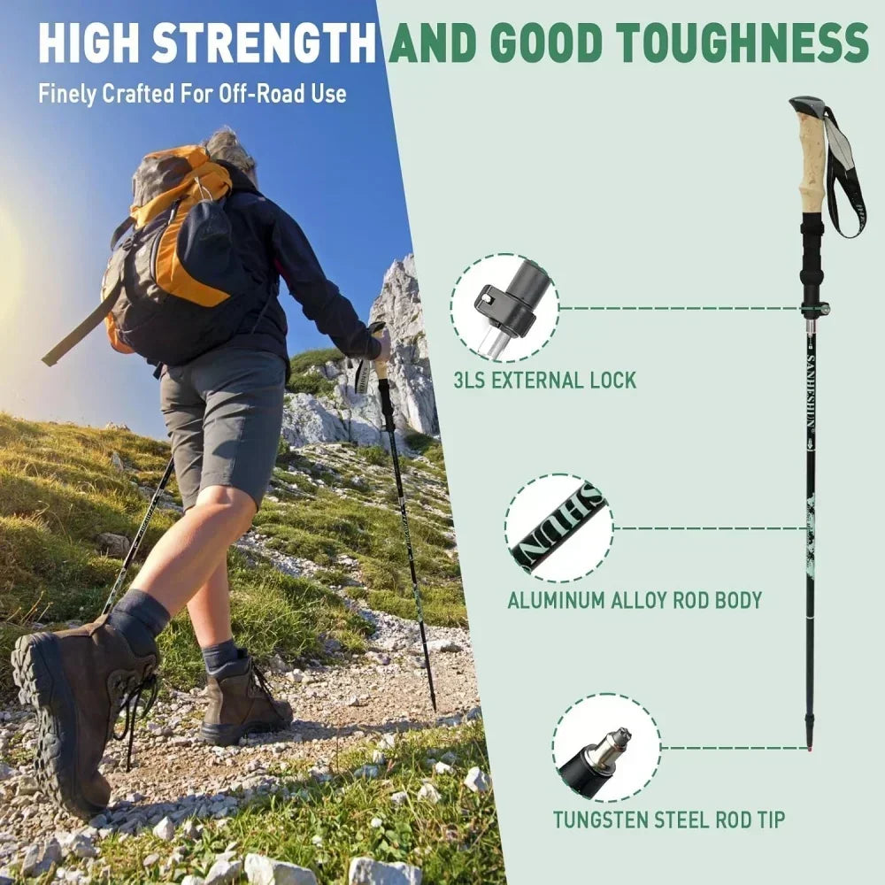 2 Pack Foldable Trail Running Sticks Aluminium Lightweight Adjustable Trekking Pole Anti Shock Cork Handle Nordic Walking Hiking