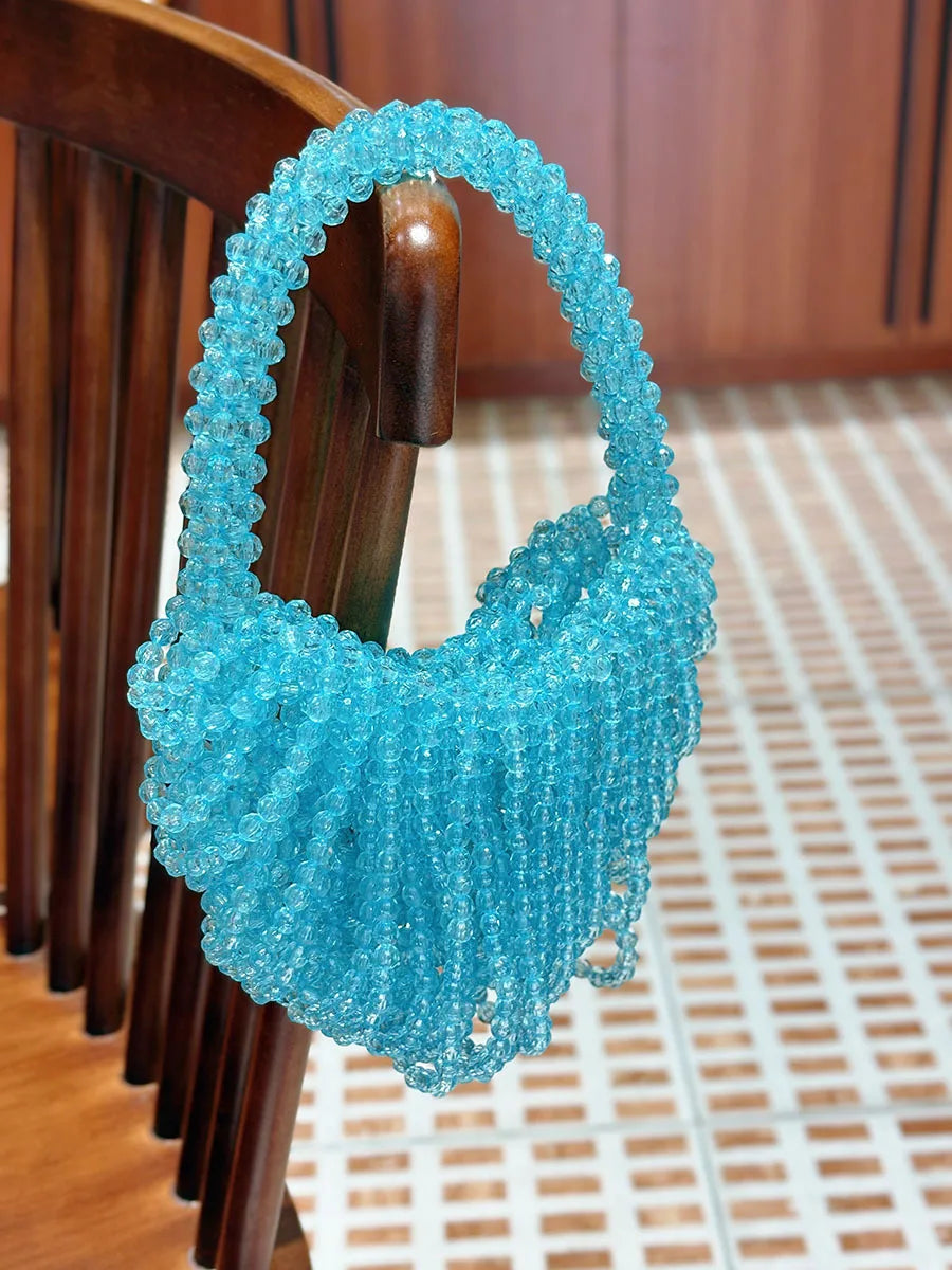 Crystal woven bag water blue temperament translucent hollow open handbag leisure travel bag
