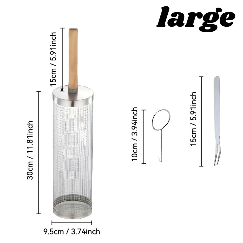 Rolling BBQ Cage with Wooden Handle - Outdoor BBQ Grill Basket | 304 Stainless Steel Grill Cylinder & Grill Net