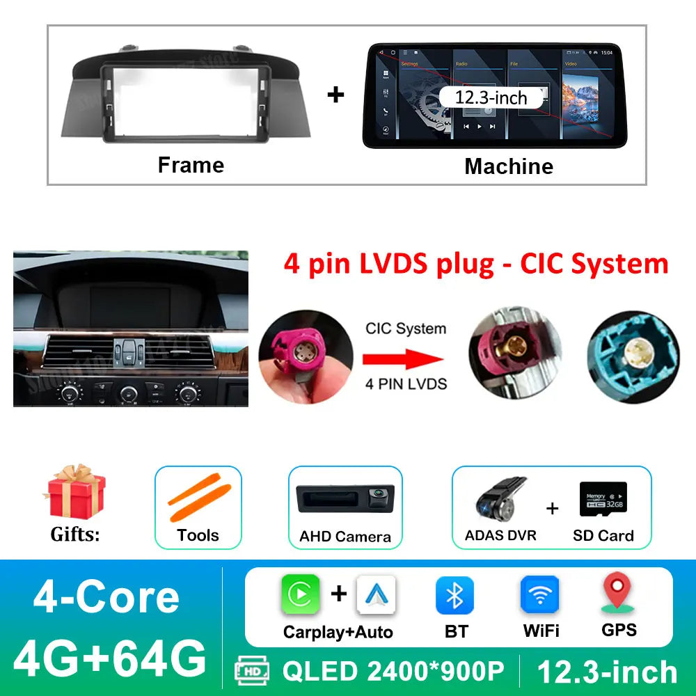 12.3 '' Ultra-thin Screen Android 16 BT for BMW 5 Series E60 E61 E62 2004 - 2012 CIC CCC System GPS Car Video Multimedia Player