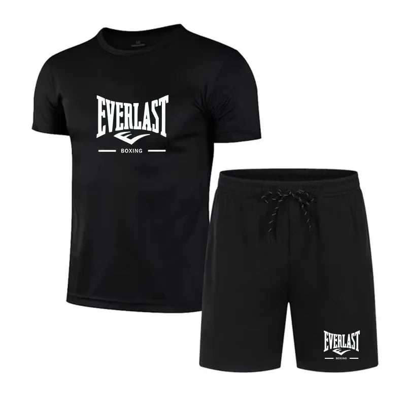 2026 New Everlast Boxing Men's 2-Piece Tracksuit, Summer Black Short Sleeve T-Shirt and Shorts Casual Sports Outfit