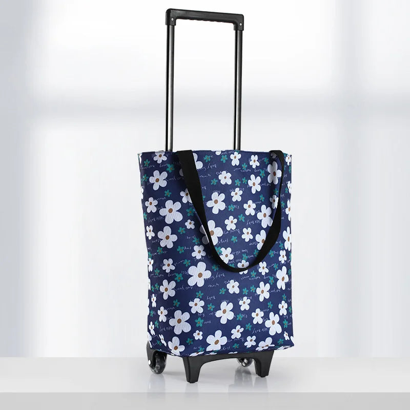 Cartoon Foldable Shopping Cart Waterproof Telescopic Handle Trolley Bag Reusable with Hand Straps Foldable Shopping Bag