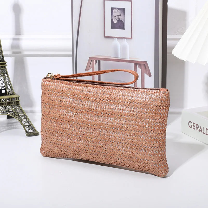 Straw Woven Clutch Bag, Trendy Braided Waist Purse, Women's Zipper Handbags for Phone Coin Key, Lady's Ultra Thin Straw Bag