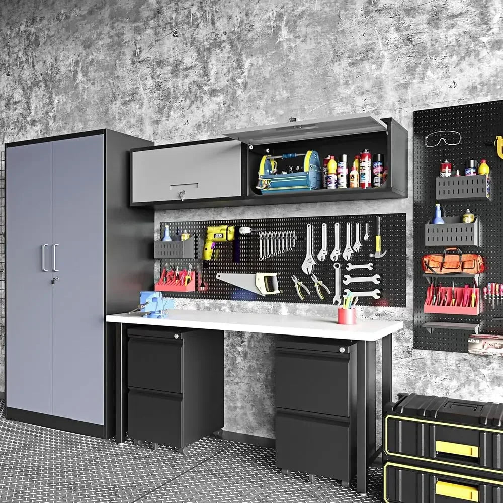 White Heavy-Duty Wall-Mounted Metal Garage Storage Cabinet with Floating Shelves for Tools and Workshop Use