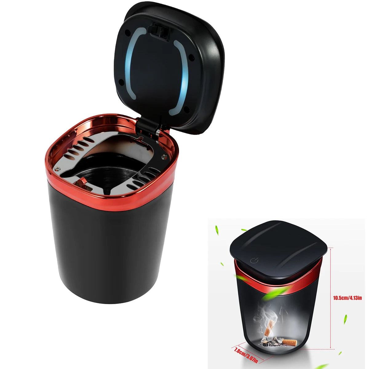 Car Ashtray Cup with Lid Anti-Odor Stainless Steel LED Light One-Click Open Car Ashtray Portable Removable Fireproof