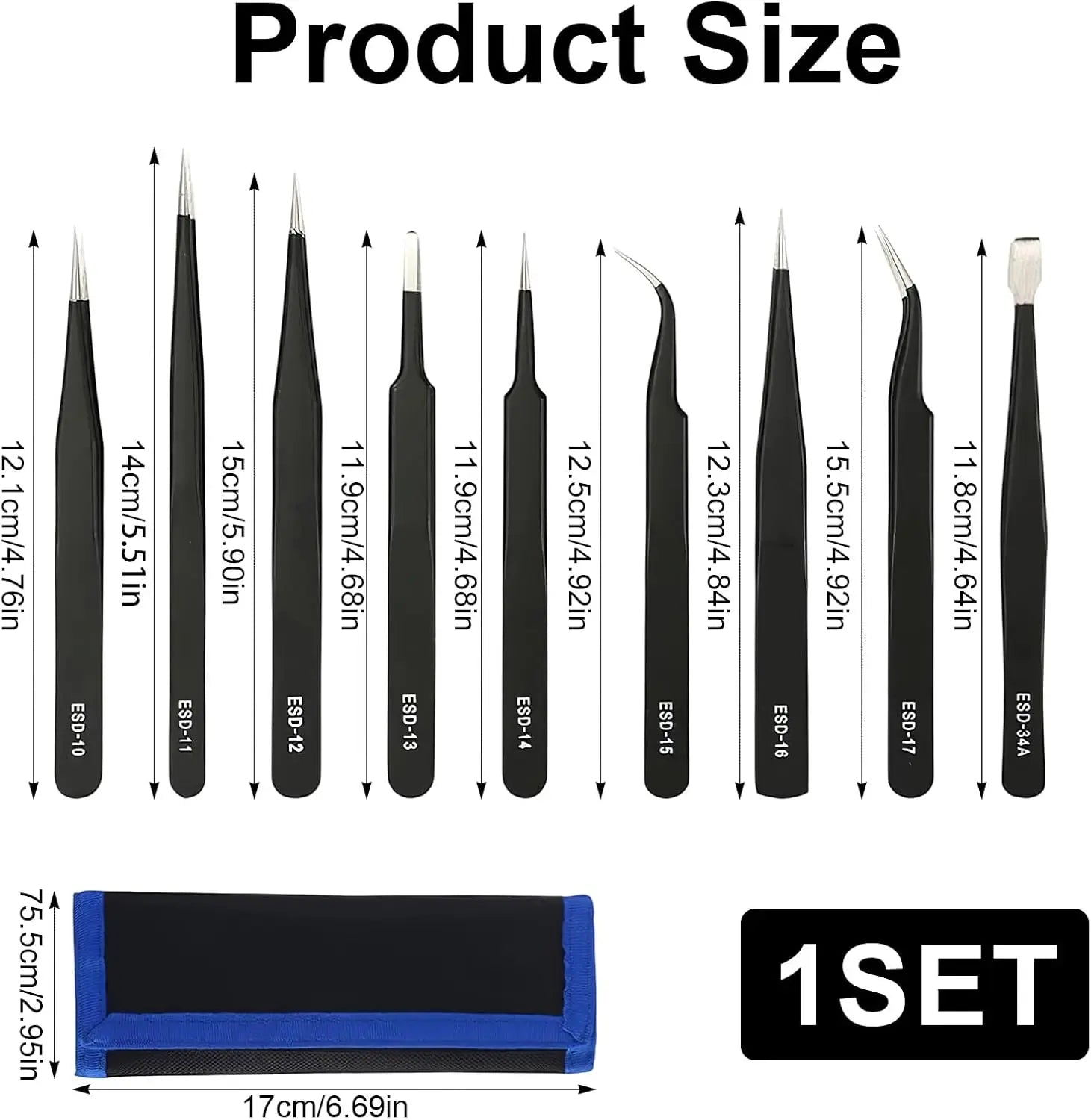Industrial Grade ESD Anti-static Tweezers Set 1.5MM Precision Tip High Hardness Stainless Steel Tweezers Corrosion-Resistant