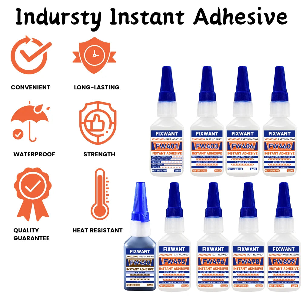 Instant Adhesive FW401/ 403/ 406/ 454/ 460/ 480/ 495/ 496/ 498/ 609 Super Glue Extra Strong Multi-purpose Cyanoacrylate