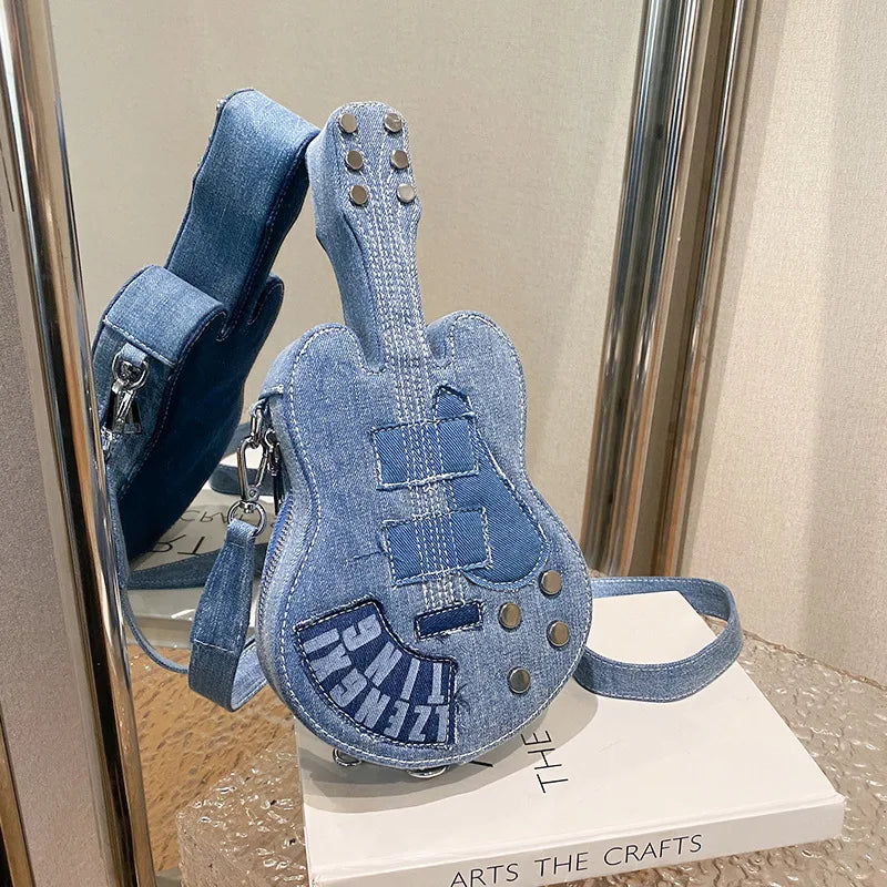 Export New Arrival Denim Guitar Bag, Indie Rock Grunge Shoulder Bag, Niche Fashion Statement, Instagram-Ready Unisex Purse