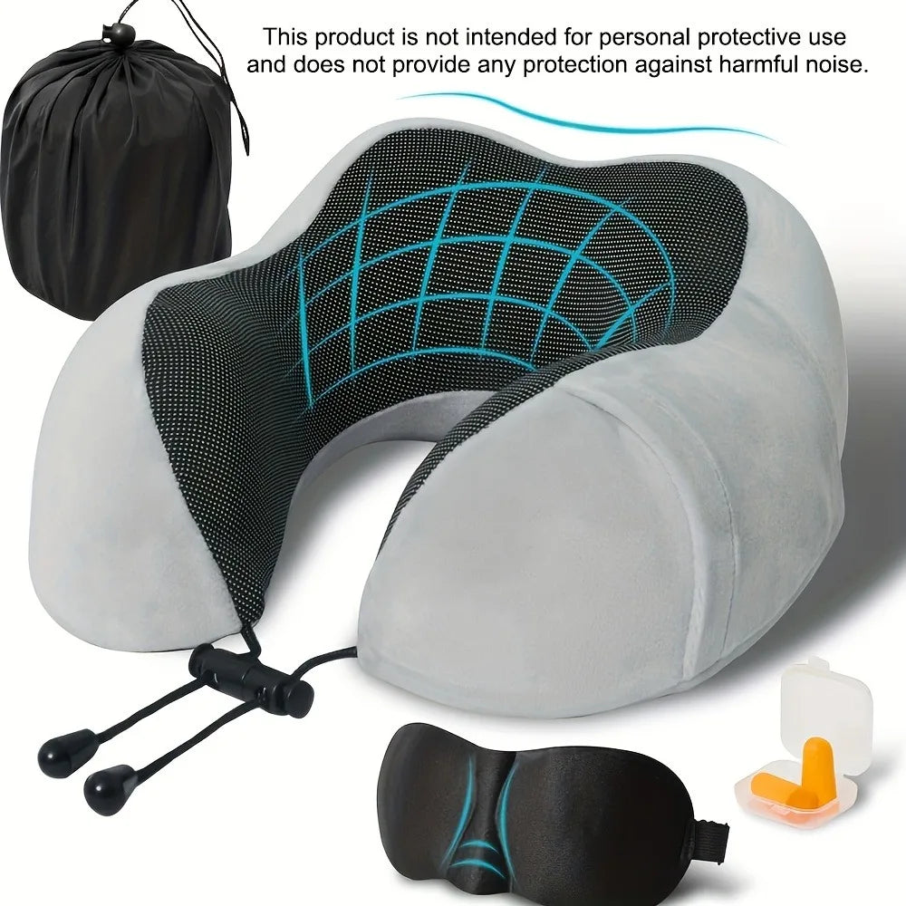 Travel Pillow, Airplane Sleep Travel Pillow, Memory Foam Neck Pillow Set Includes Eye Mask, Earplugs, and Storage Pouch