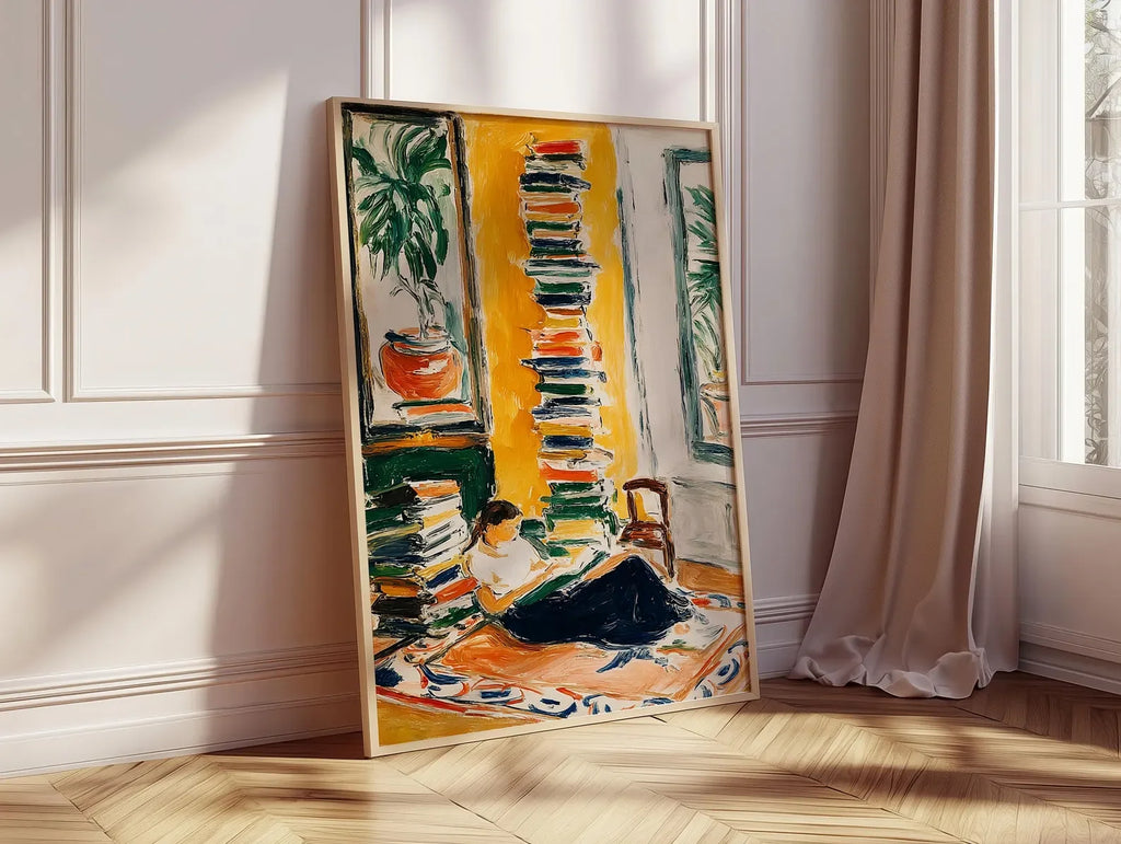 Woman Reading by the Window Poster, Cozy Book Lover Wall Art, Warm Yellow Interior Painting, Modern Impressionist Home Decor