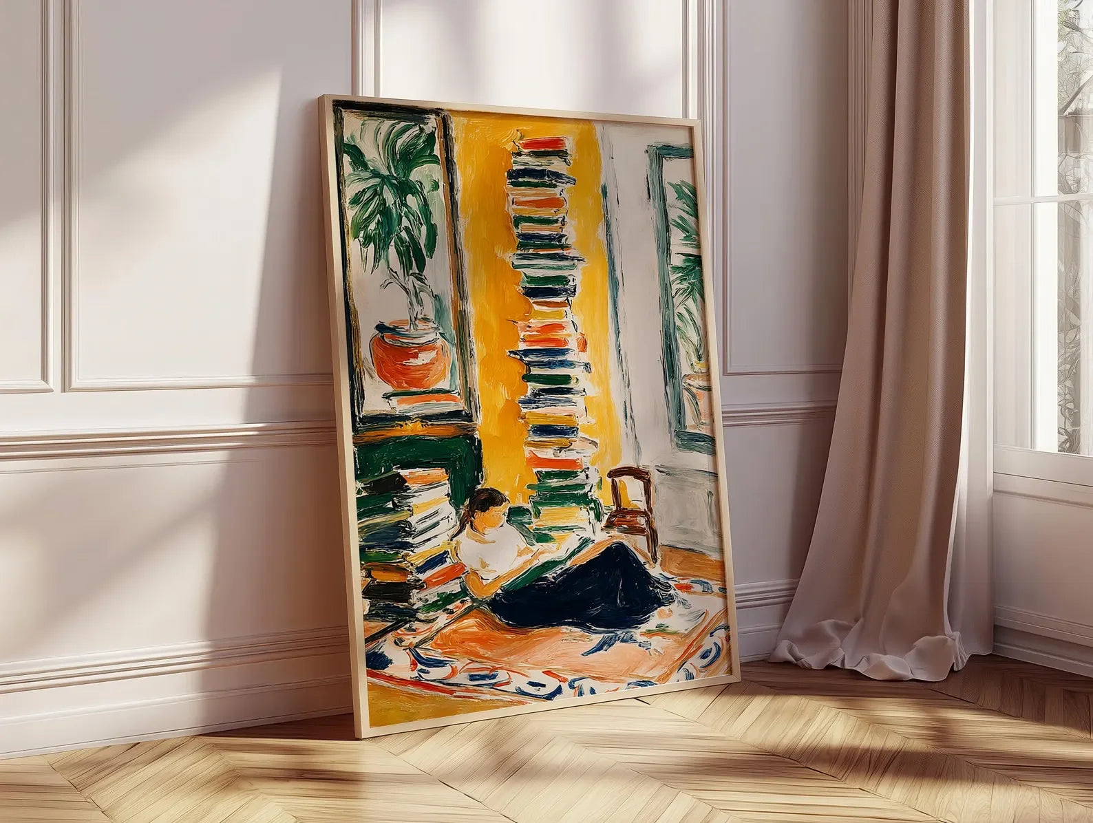 Woman Reading by the Window Poster, Cozy Book Lover Wall Art, Warm Yellow Interior Painting, Modern Impressionist Home Decor