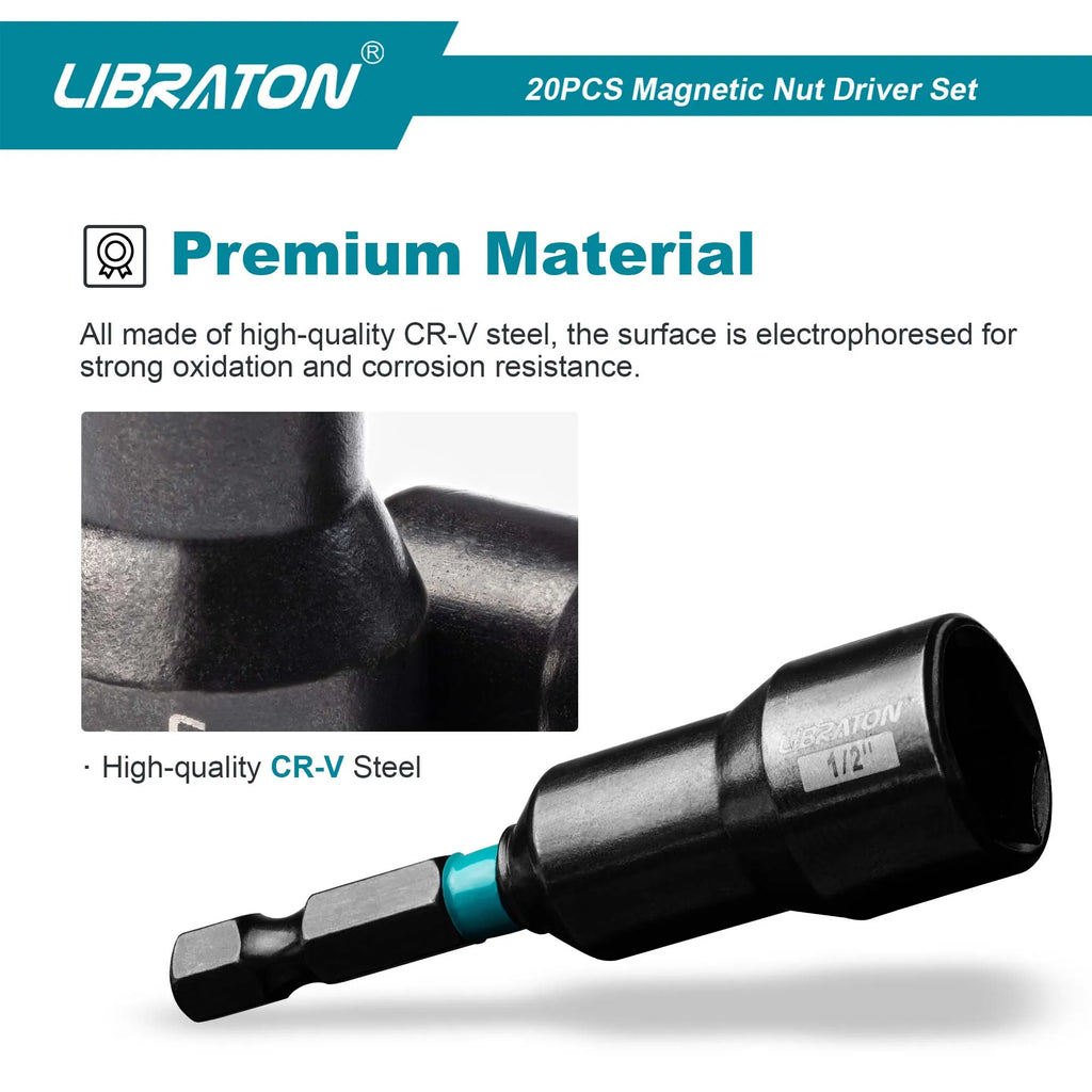 LIBRATON Magnetic Nut Driver, 20PCS Impact Drill Driver Bit Set 1/4" Metric 5-13mm & SAE Nut Driver 3/16''-1/2'' For Repair
