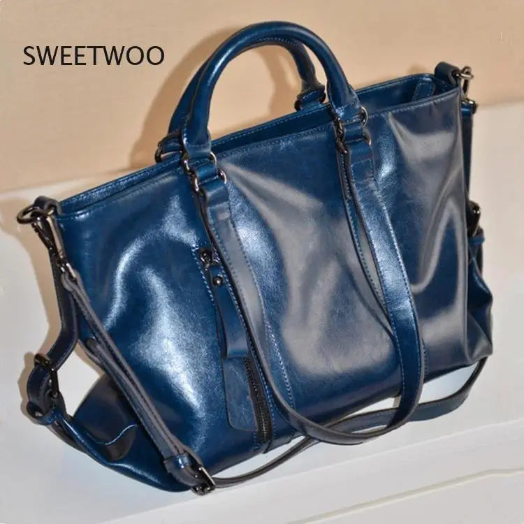Womens Vintage Oil Wax Leather Tote Bag Large Capacity Top Handle Crossbody Handbag