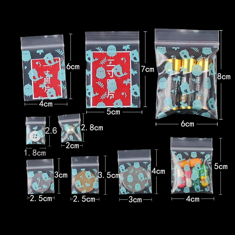 StoBag 100pcs Cartoon Transparent Mini Zipper Plastic Bags Small Sealing Jewelry Packaging Pouch Storage Waterproof Reusable