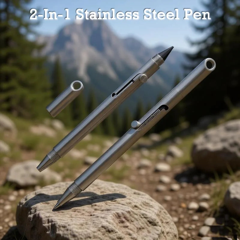 Portable 2-In-1 Stainless Steel Pen Pencil Self Defense Tactical Pen Mini Keychain Writing Pen Outdoor Survival EDC Tool Gift