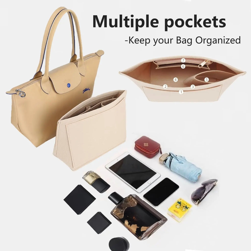 Felt Moon Handbag Organizer Insert - 7-Pocket Foldable Purse Liner for Bag Storage, Travel & Clutch Organization