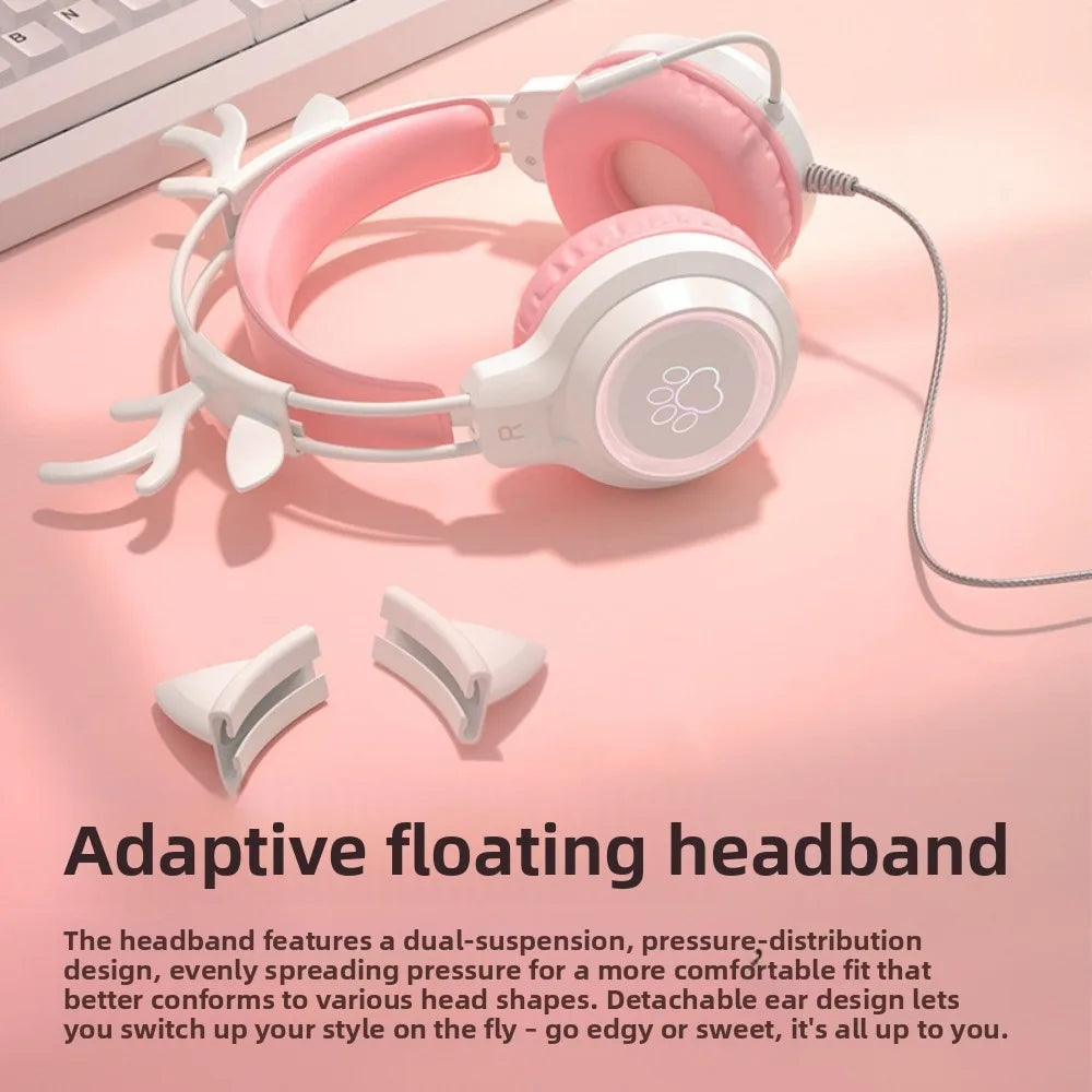 RGB Gaming Earphones with High-Definition Flexible Microphone 3.5mm Gaming Earphones Detachable Cat Ears and Deer Antlers