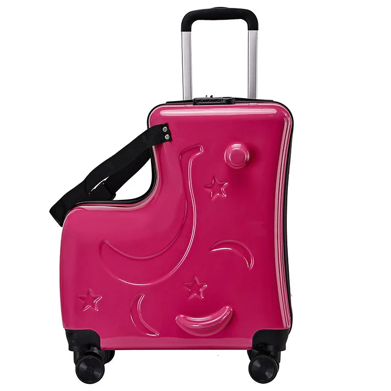 New Suitcase for Kids Wooden Horse Sit to Ride on Luggage with 360° Swivel Wheel 20/24 inch Small Travel Suitcase Boardable