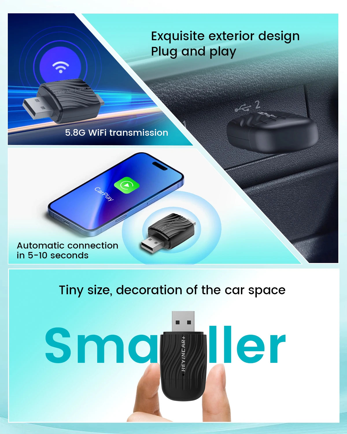 HEYINCAR 2 in 1 Interface Wireless CarPlay/Android Auto Wireless USB/TYPE-C Adapter Smart Mini Box Plug Fast Connect Universal