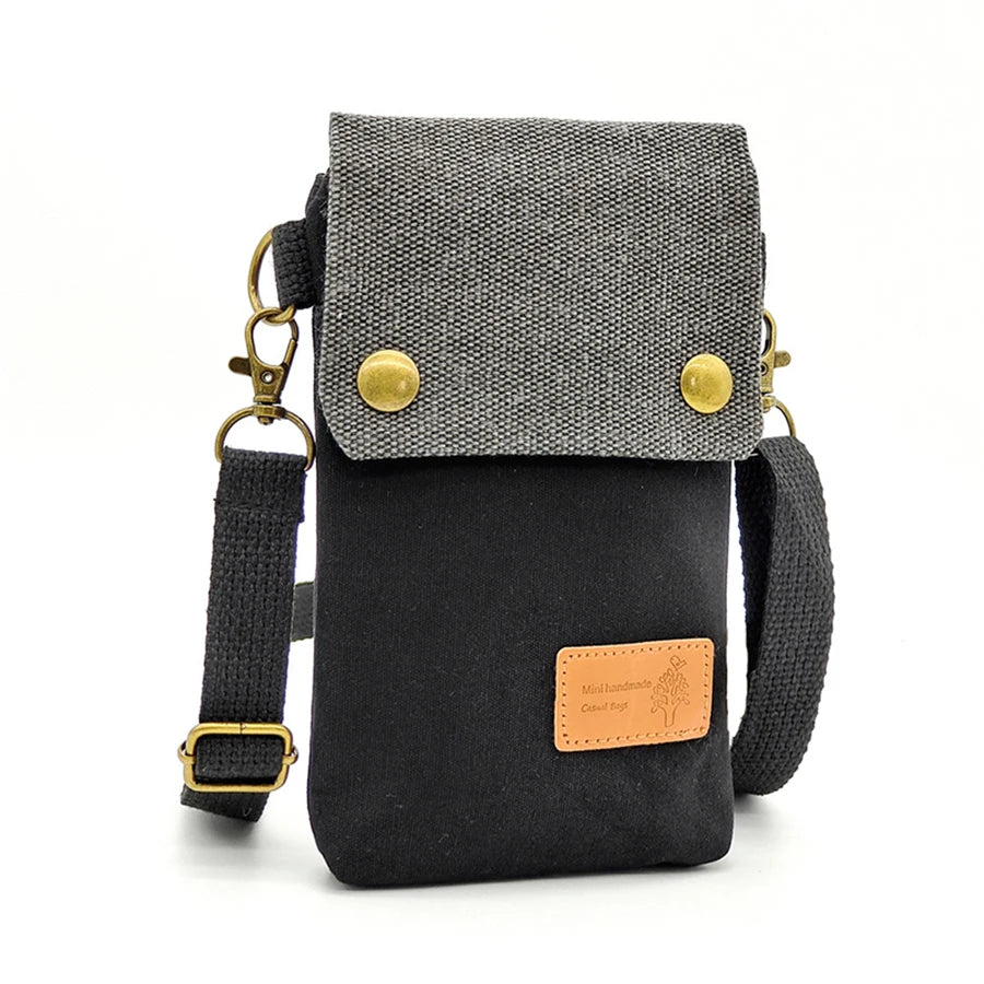 New solid-color canvas 3-layer cross-body phone bag - simple fabric women's bag with a trendy style