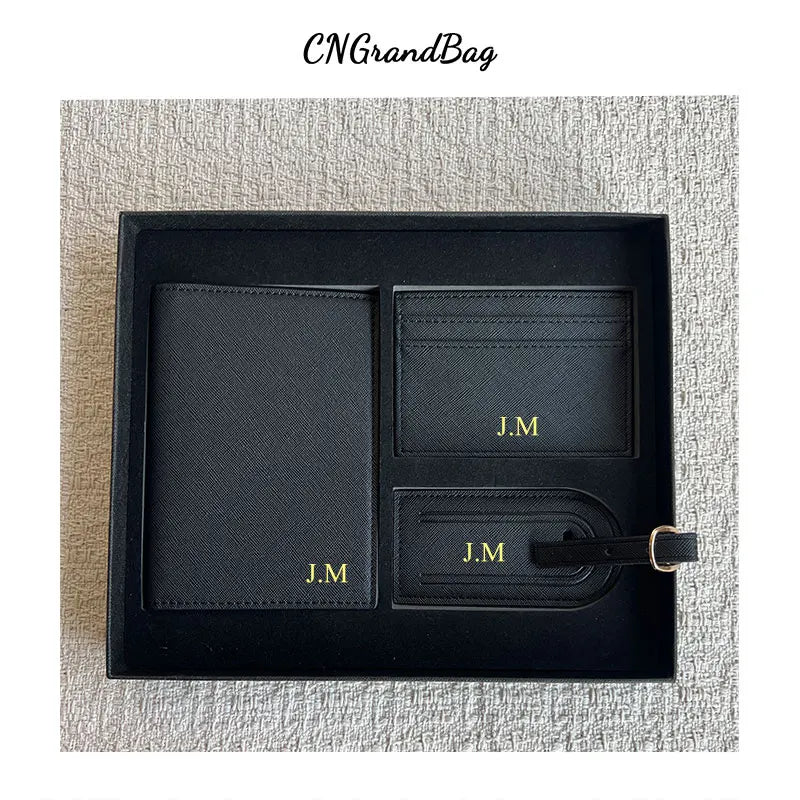 Free Custom Name Initial Gift Box Set Classic Saffiano Pattern Passport Cover  Luggage Tag Cardholder Travel Accessories