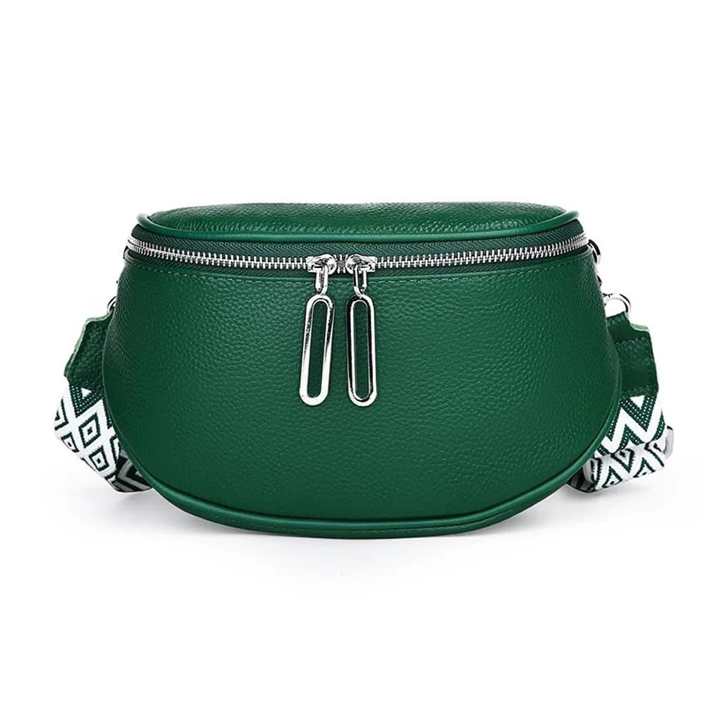 Bum Bag Leather Crossbody Bag Cowhide Texture Double Zippers Saddle Bag Jacquard Strap Solid Color Chest Pack Outdoor Travel
