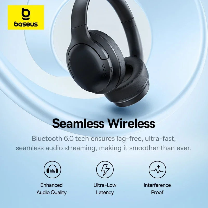 Baseus BH1 Lite ENC Wireless Headphones Bluetooth 6.0 Clear Call Headsets Super Bass Hit Earphones 80H Playtime Over Ear Headset