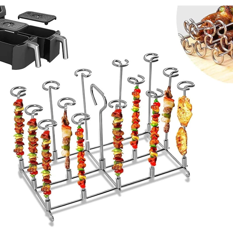 Stainless Steel Vertical 14 Skewer Rack For Air Fryer Oven Hanging Barbecue Stand Roast Meat String Holder Grilling Accessory