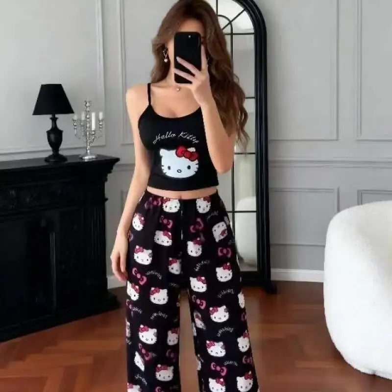 2026 Hot Style Hello Kitty Summer New Women's Black Suspender Pajama Set Comfortable Cartoon Two-Piece Home Clothes Casual Sexy