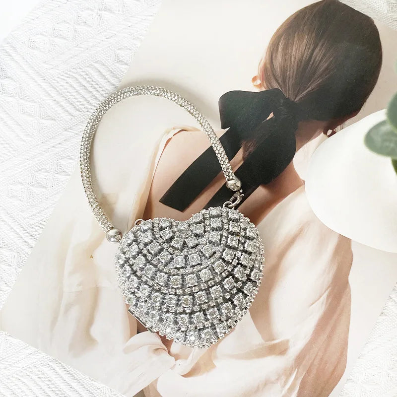 Heart Shaped Diamond Encrusted Glass Stone Evening Bag Women's Chain Handbag Stylish Crossbody Bag Elegant  Shape