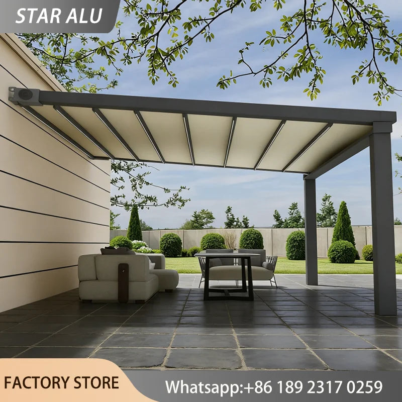 Electric Retractable Awning PVC Folding Canopy Motorized Sunshade Waterproof Patio Roof Cover Aluminum Pergola Outdoor Shelter