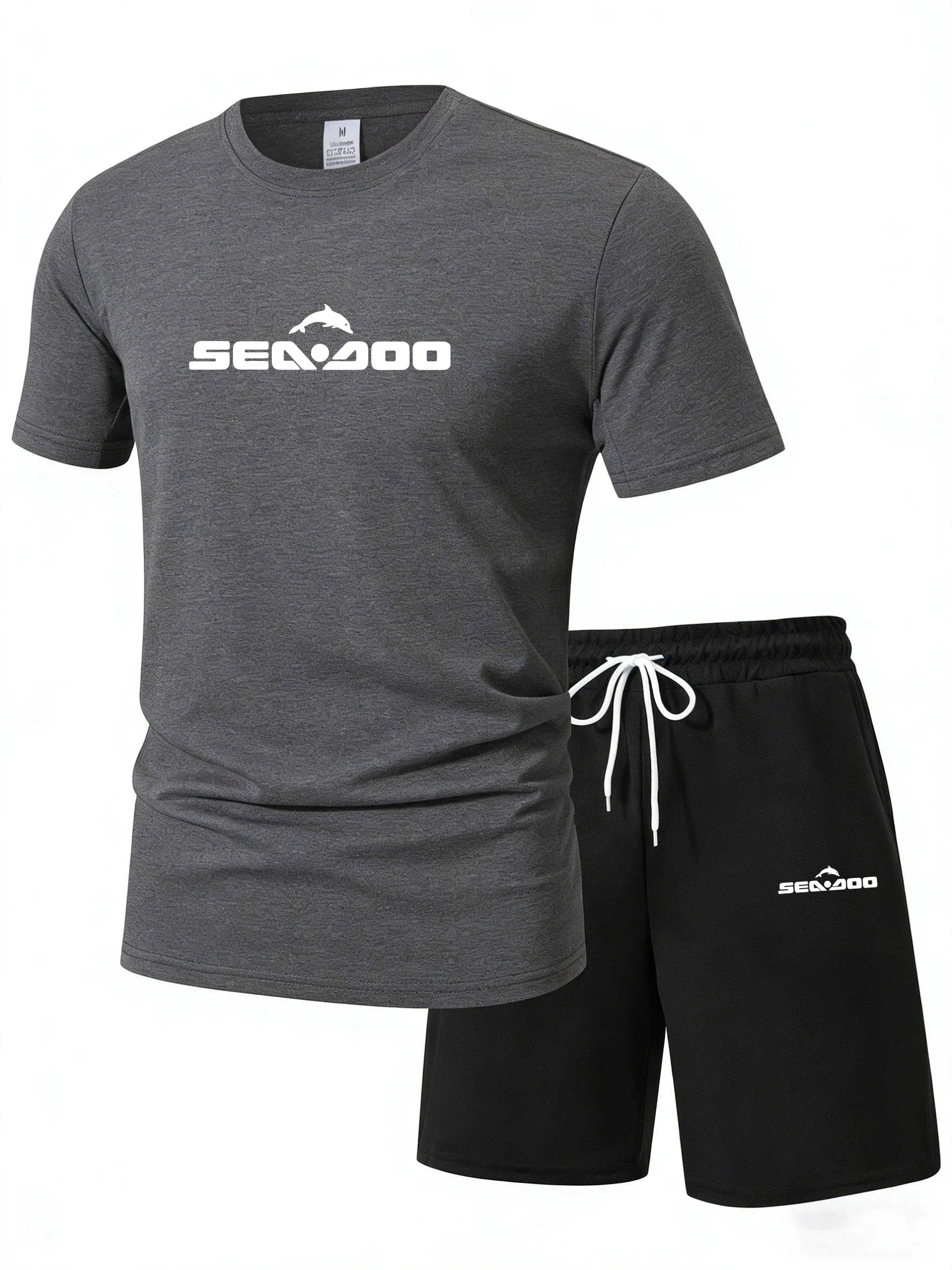 Sea Doo Seadoo Moto Printed Men's Running T-Shirt And Shorts Set Casual Elastic round Neck Sports Suit Quick Dry Comfortable