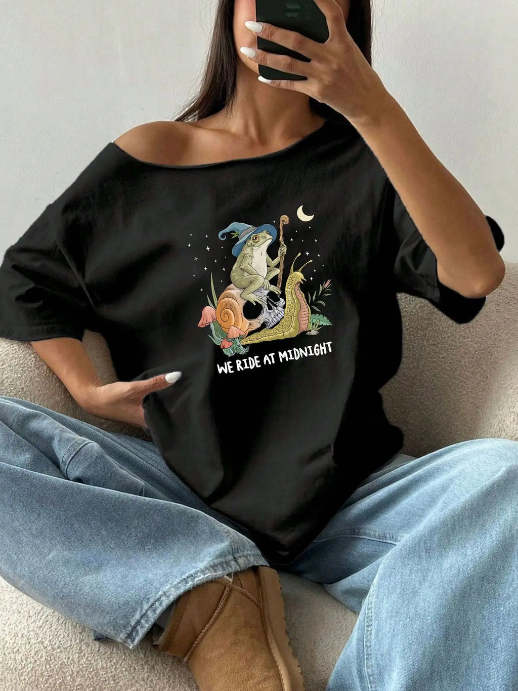 100% Cotton Plus Size Frog Witch Snail Skull Graphic Print Shoulder Loose Print T-Shirt Oversized Y2K Style Graphic Tees Wome