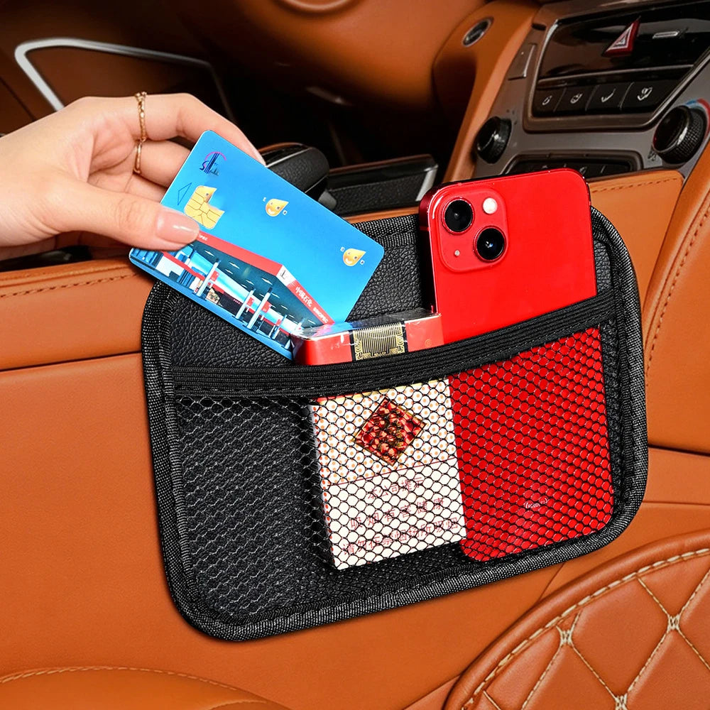 Car Leather Mesh Bag Oxford Fabric Storage Net Bags Car Interior Organizer Phones Coins Keys Storage Auto Stowing Tidying Tools
