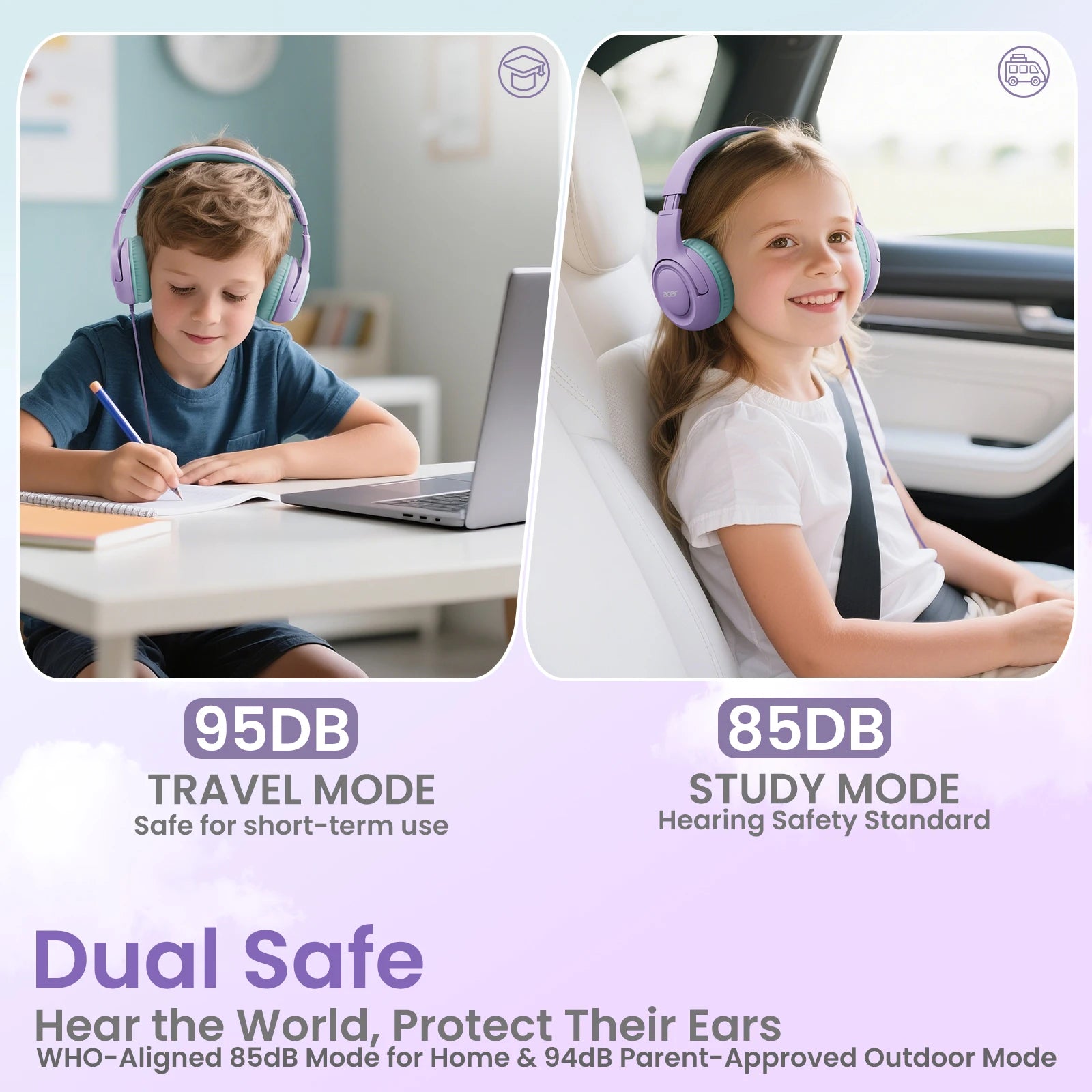 Acer Kids Headphones with Cord for School Over-Ear 85/94dB Volume Limiter 3.5mm Jack Foldable Stereo Headset for Toddlers