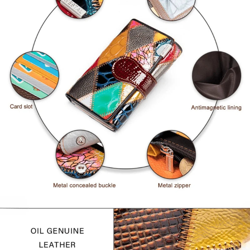 Elegant Ladies Handmade Bag Short Wallet Diamond/Grid Pattern Colourful Splicing Multi Card Position Head Layer Cowhide Ladies Coin Purse Christmas Gifts For Women