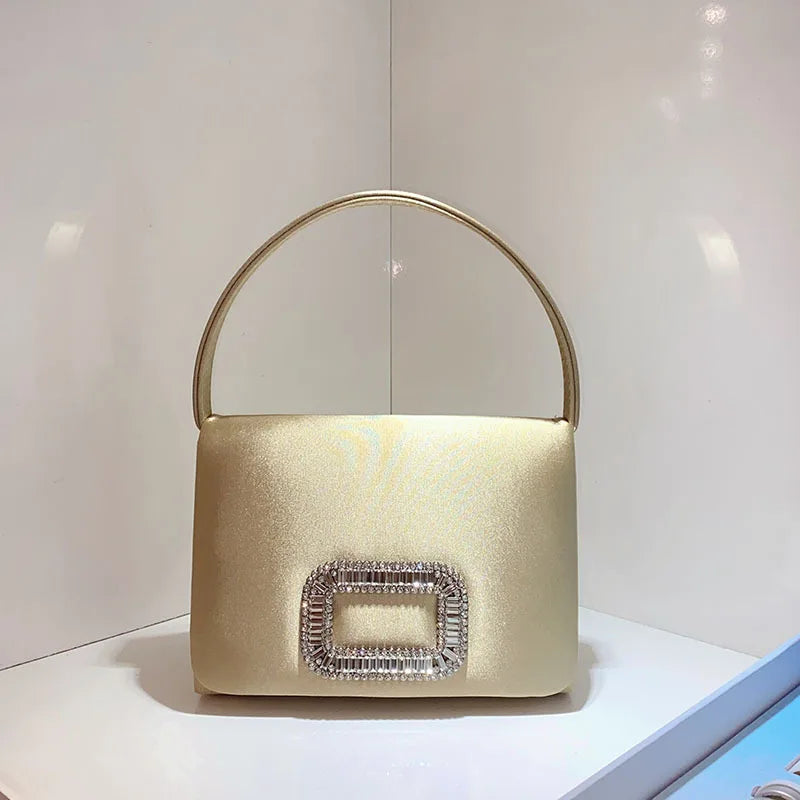 Luxury Diamond Square Button Women's Evening Bag Party Clutch Purses Satin Rhinestone Small Square Bag Chains Shoulder Bag Bolsa