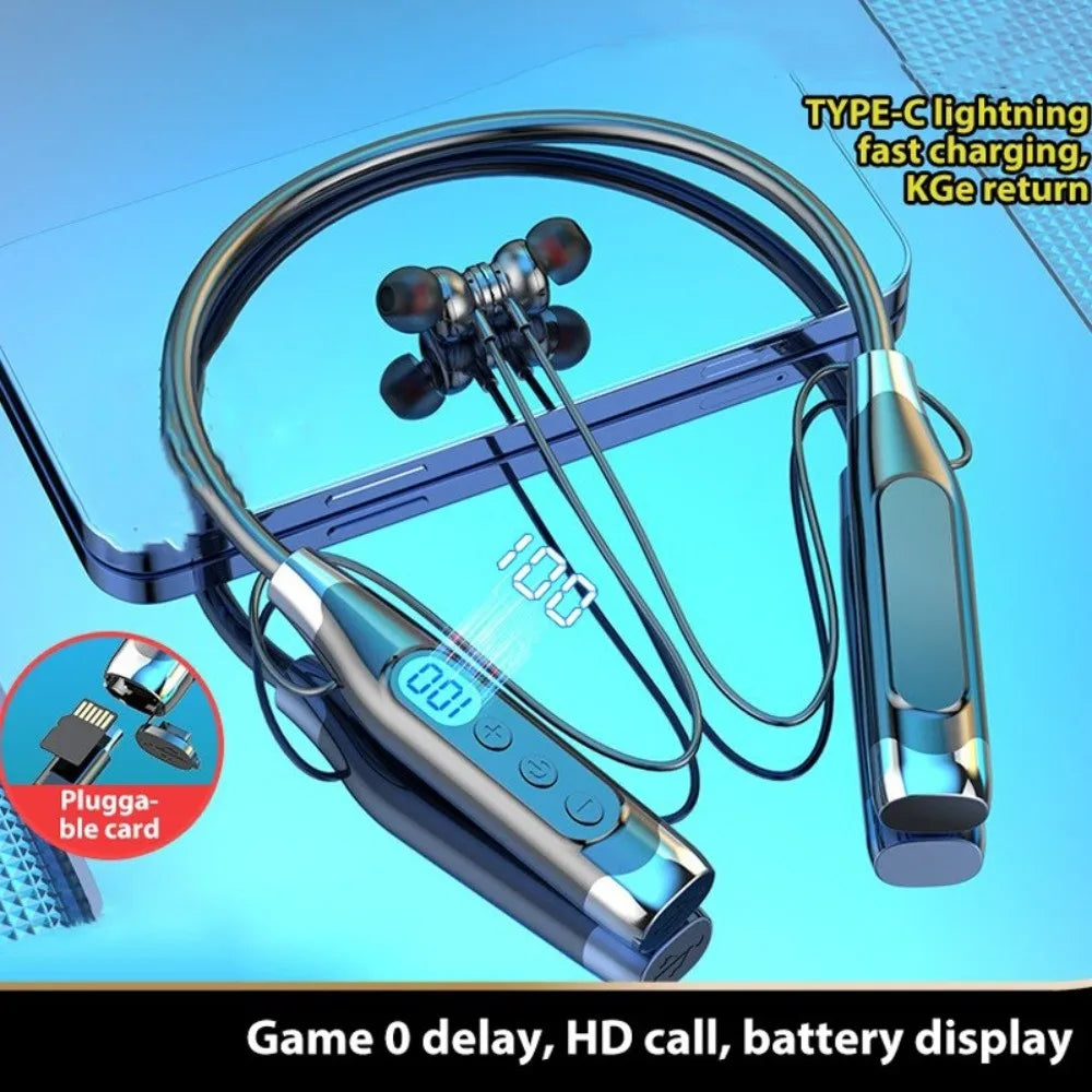 LED Digital Display Neckband Headphones Neck-mounted 3D Stereo Wireless Bluetooth Earphones Mega Bass Waterptoof Sports Headsets