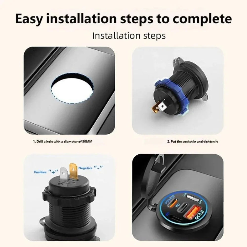4-Port Motorcycle Modified Cigarette Lighter Socket, QC3.0 & PD30W Super Fast Charger with Switch, 12-24V Universal for Car