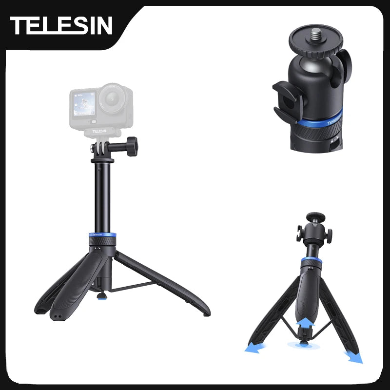 TELESIN Mini Quick Open Selfie Stick Tripod Aluminum alloy Stand for DJI Osmo GoPro Insta360 Action Camera Hand Grip Stand