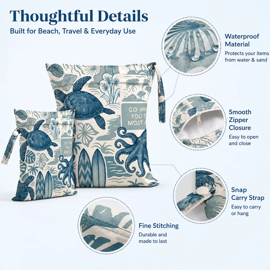 Ocean Turtle Waterproof Wet Dry Bag, Portable Zipper Swim Pouch for Women Travel Beach Pool, Reusable Storage Bag