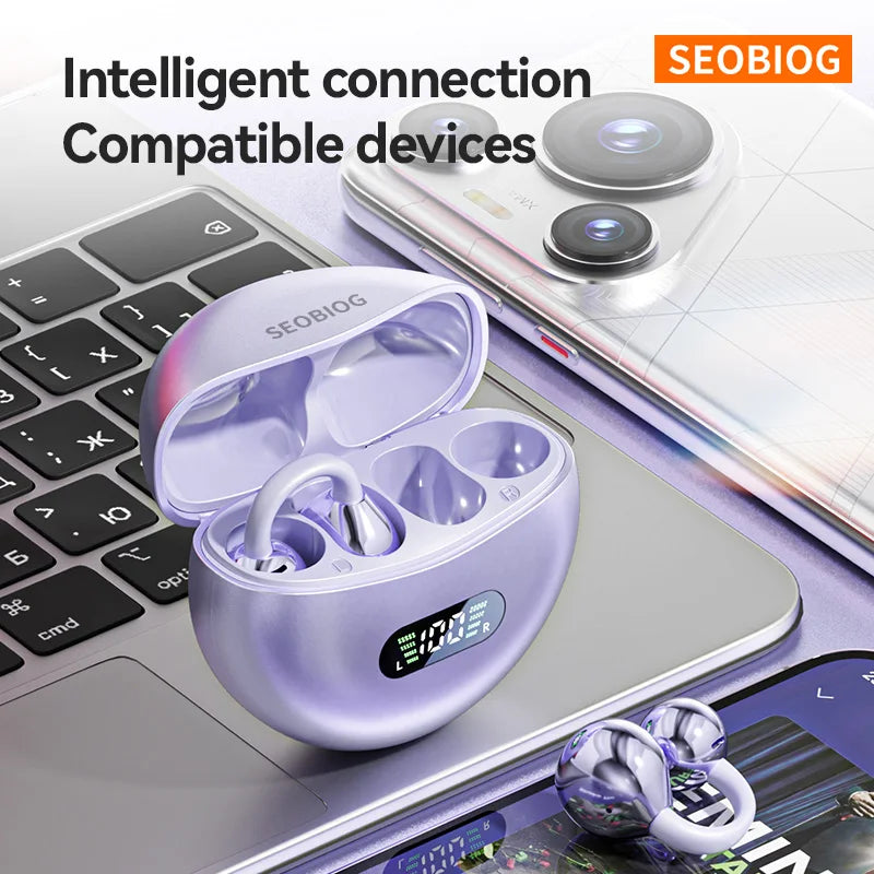 SEOBIOG Wireless Bluetooth Earbuds Bluetooth 5.4 Intelligent Noise Reduction Digital Power Display OWS Ear Clip Headphones