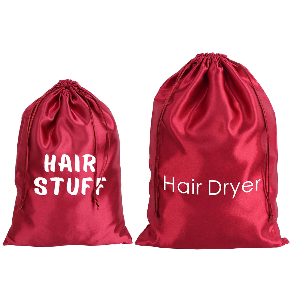 2pcs Satin Drawstring Travel Bags - Dustproof "Hair Stuff" Printed Storage Pouches for Hair Dryer