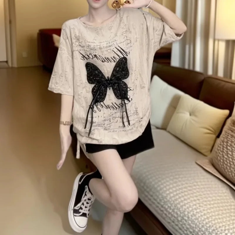Aged and distressed lace, breathable, loose, butterfly-style summer new Korean version fashionable and chic vacation-style top