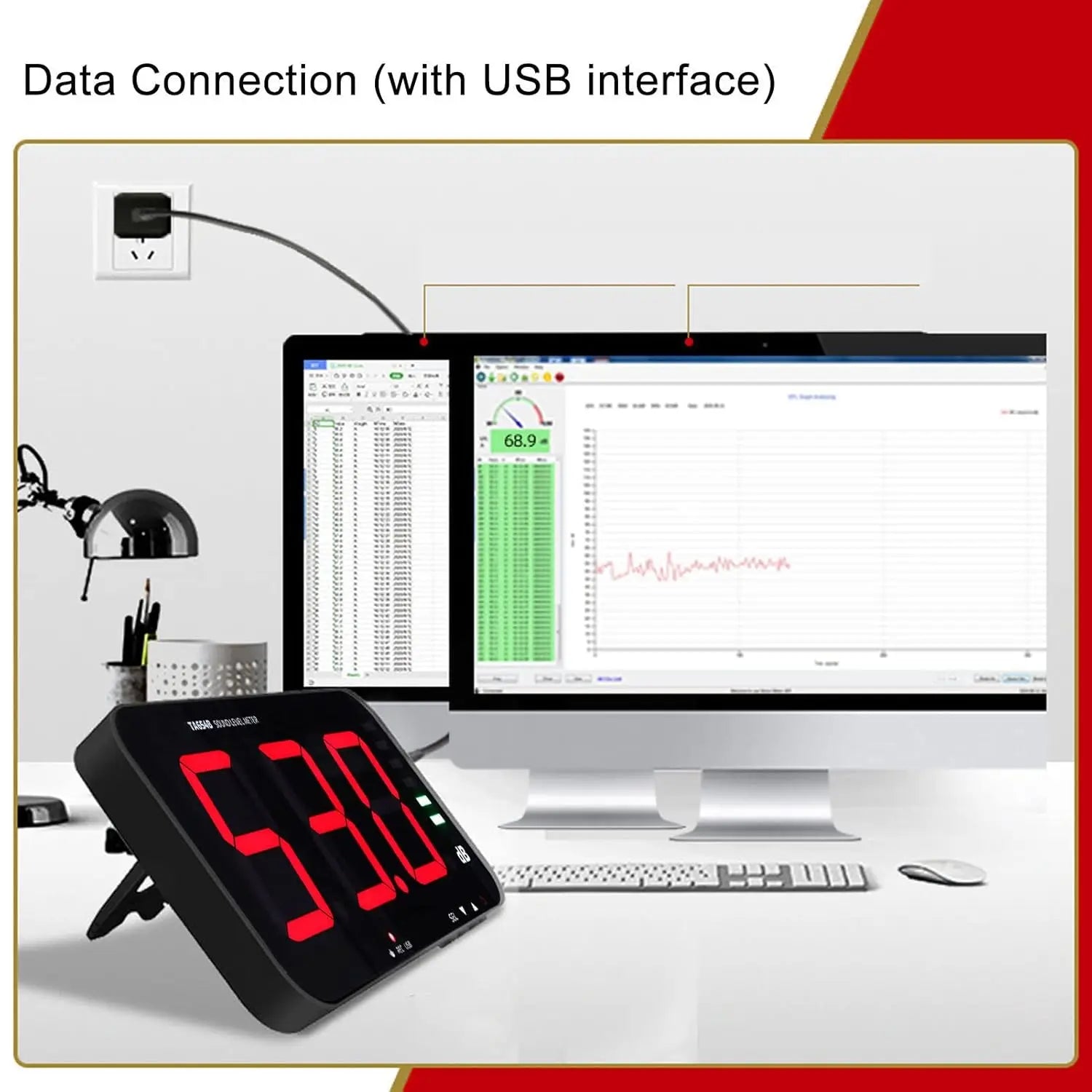 Wall-Mounted Sound Level Meter 30-130dB LED Digital Decibel Noise Tester Sound Light Alarm USB Data Logger for Bar Factor