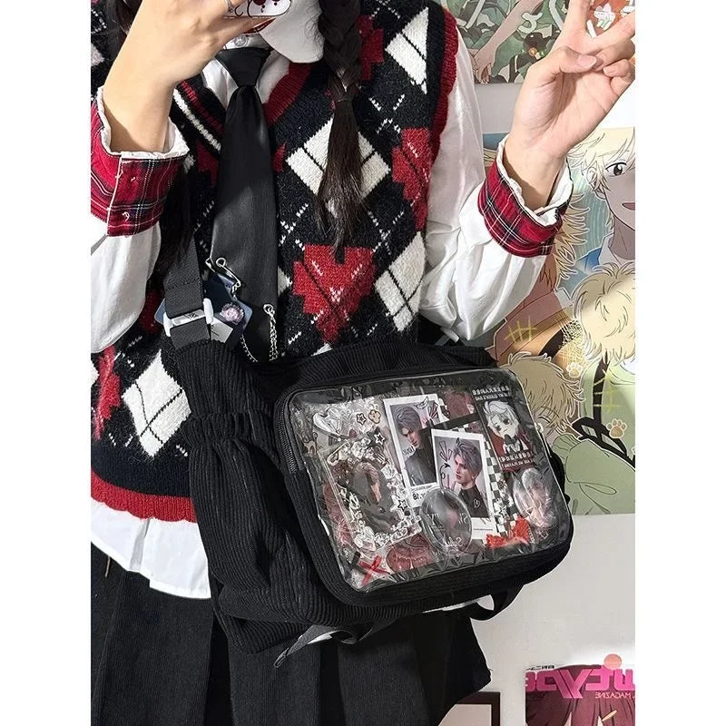 New Kawaii Itabag Winter Soft Corduroy Crossbody Bags Transparent Clear Bag Collage Student Shoulder Bag Messeger Book Bag Bolso
