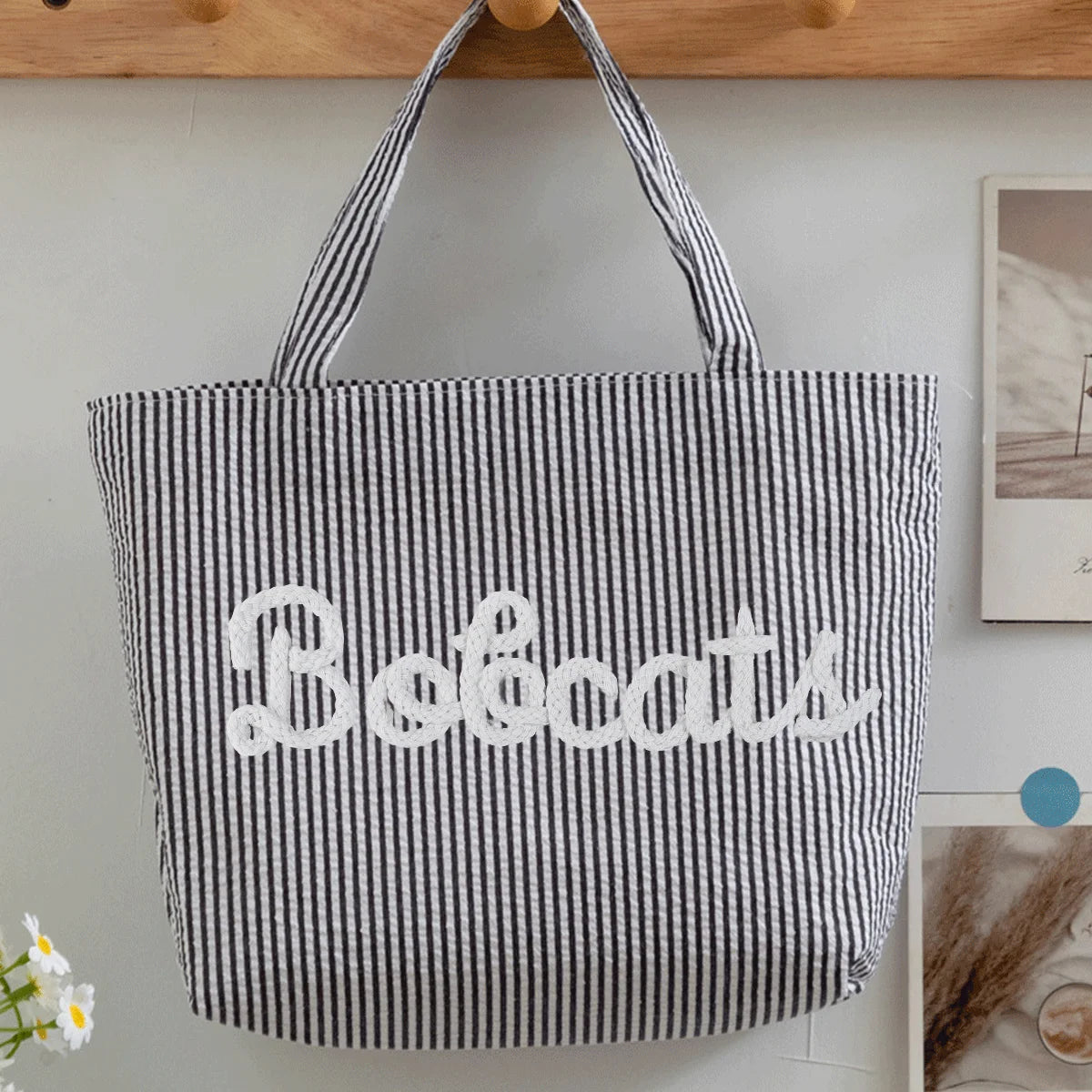 Custom Seersucker Cosmetic Handbag and Travel Organizer — Personalized Chenille Letter Toiletry Bag and Summer Beach Tote