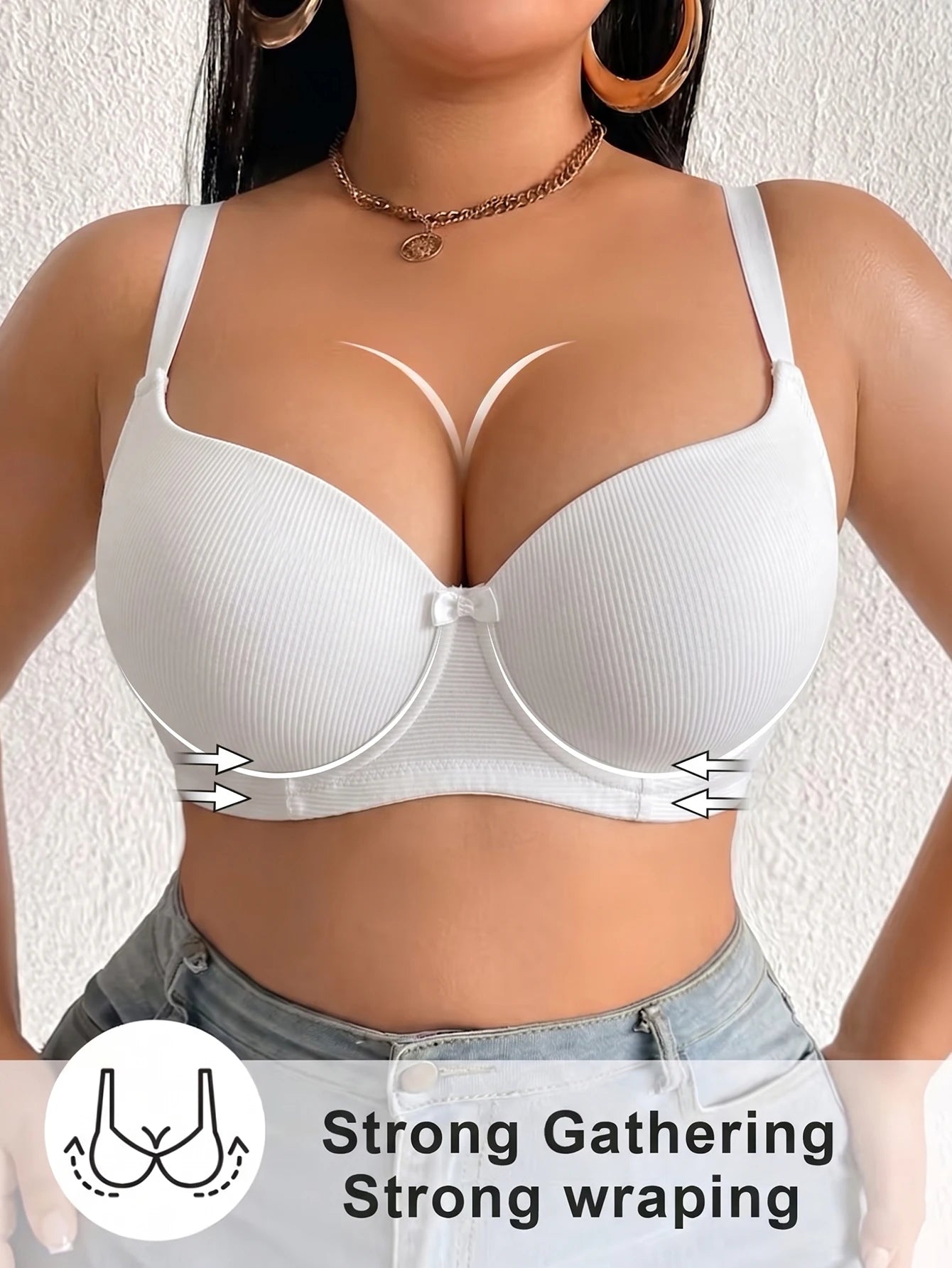 Full Coverage Women Plus Size Bra Ribbed Underwire Push Up Bra Thin Cup Minimizer Solid Basic Skin-Friendly Comfortable Bra